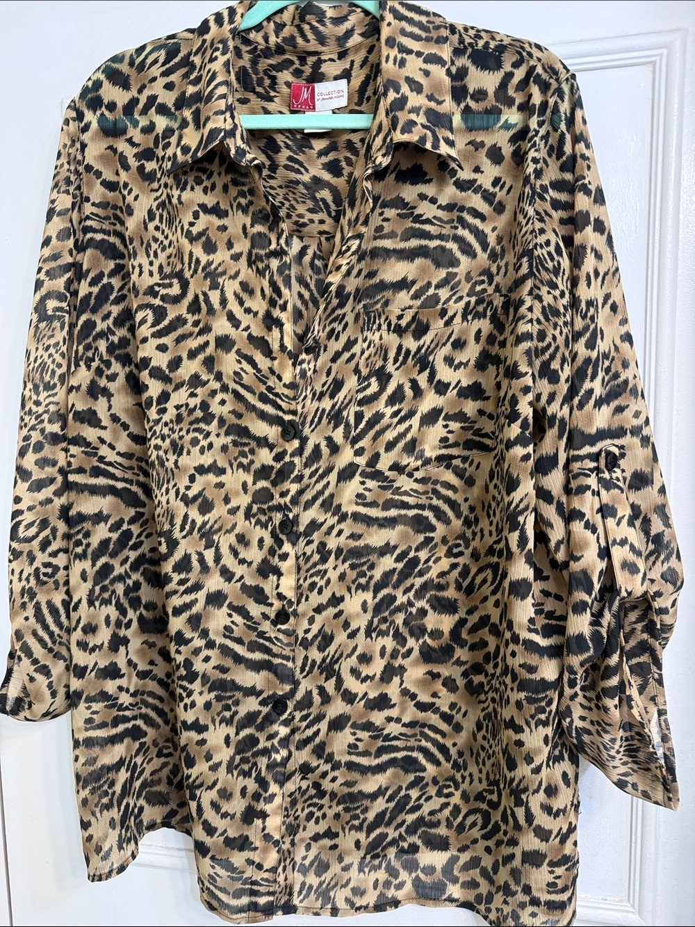 JM Collection Leopard Print Button-Front Blouse in Tan and Black